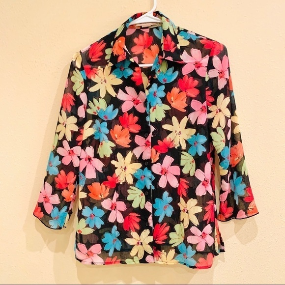 NOTATIONS Y2K sheer Flower button down blouse collars boho women’s size S - Picture 1 of 9